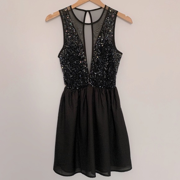 Festival Sparkle Sequin Sleeveless Deep V Mesh Cut Out Mini Dress in Black (S) - Picture 6 of 6